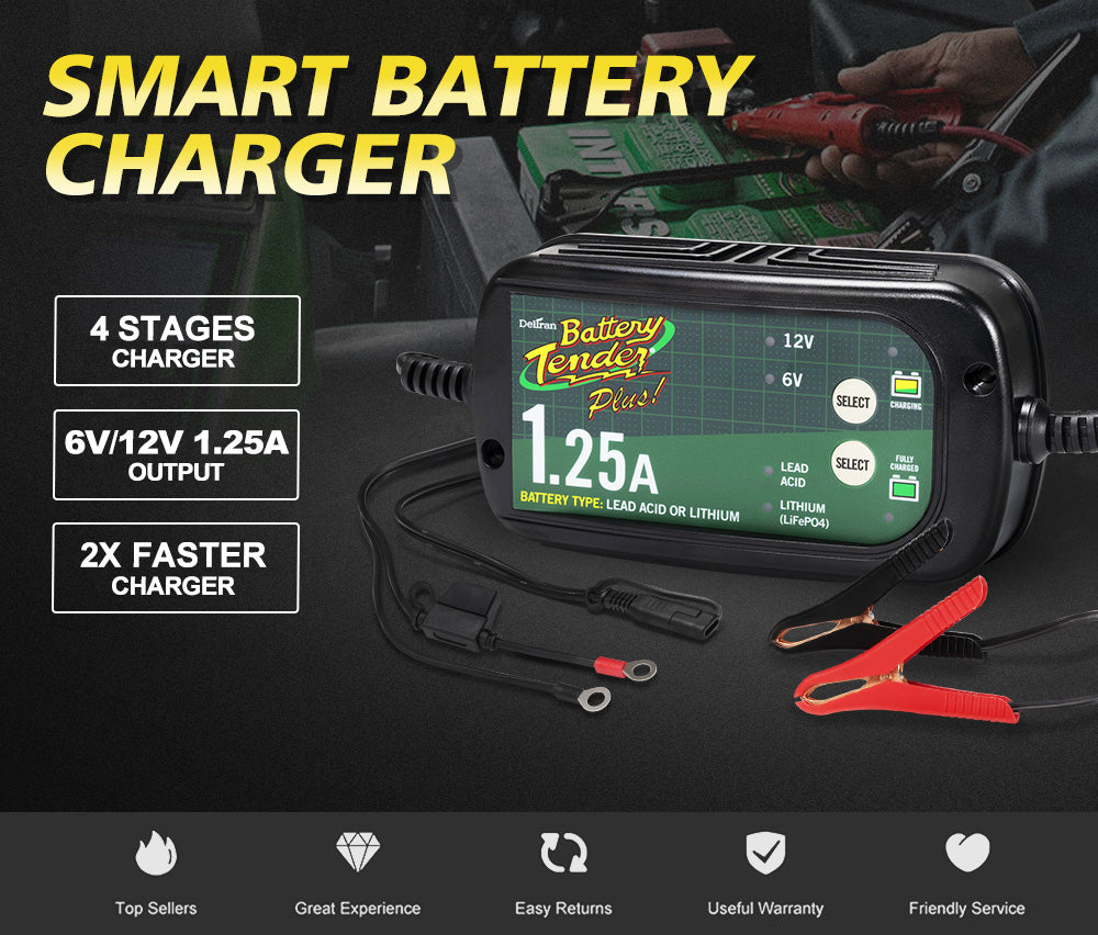 Smart Battery Charger 1.25A 6V/12V Automatic SLA AGM Car Truck Boat Motorcycle - Sunyee