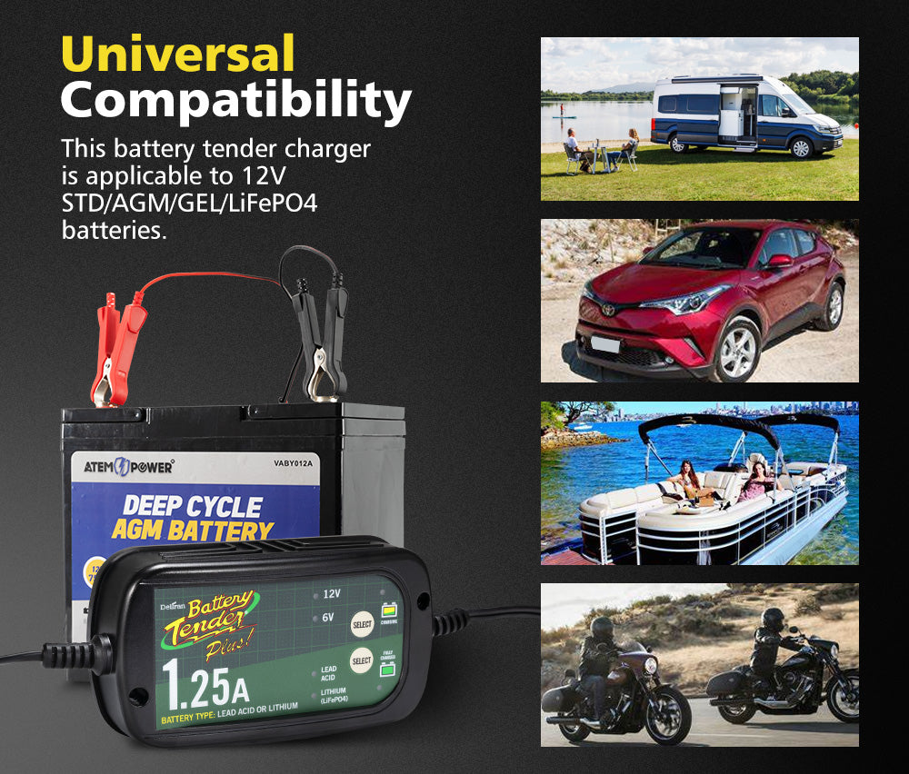 Smart Battery Charger 1.25A 6V/12V Automatic SLA AGM Car Truck Boat Motorcycle - Sunyee
