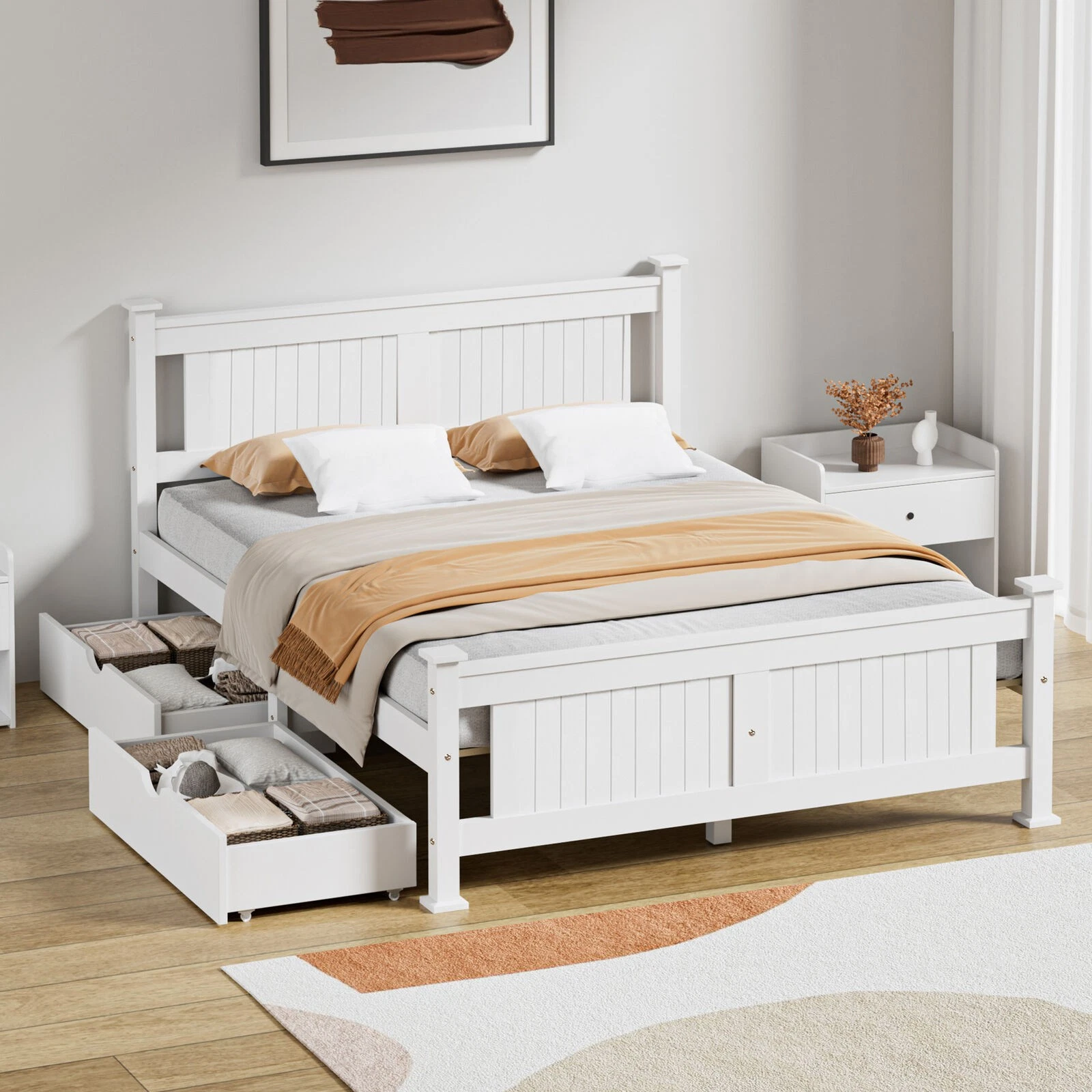 Oikiture Solid Pine Wood Bed Frame with 2 Storage Drawers Platform White King