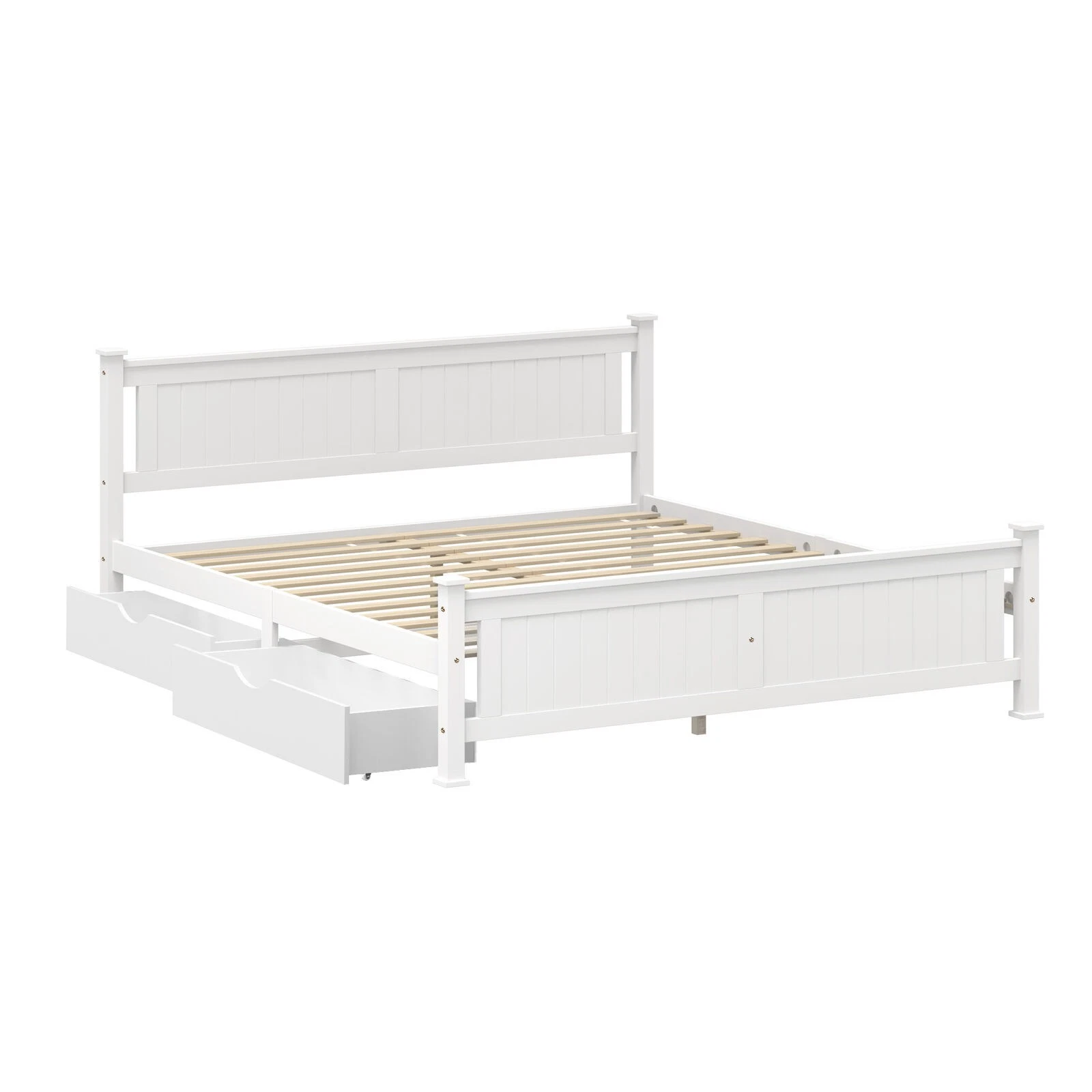 Oikiture Solid Pine Wood Bed Frame with 2 Storage Drawers Platform White King