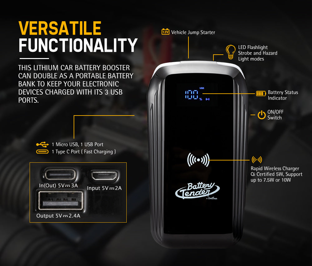 1000 Amp Jump Starter 8000mAh Power Bank W/ Qi Charger - Sunyee