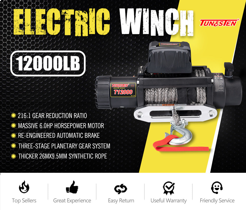 Tungsten 12V 12000lbs Electric Winch Synthetic Rope Wireless Remote Recovery - Sunyee