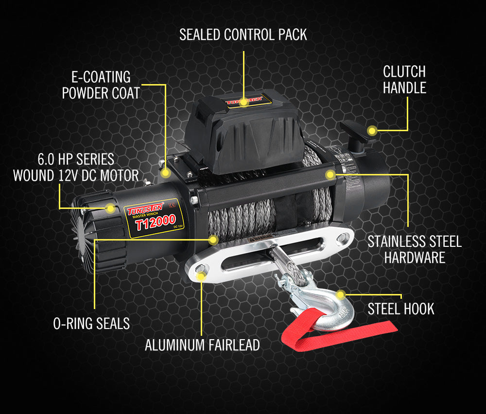 Tungsten 12V 12000lbs Electric Winch Synthetic Rope Wireless Remote Recovery - Sunyee