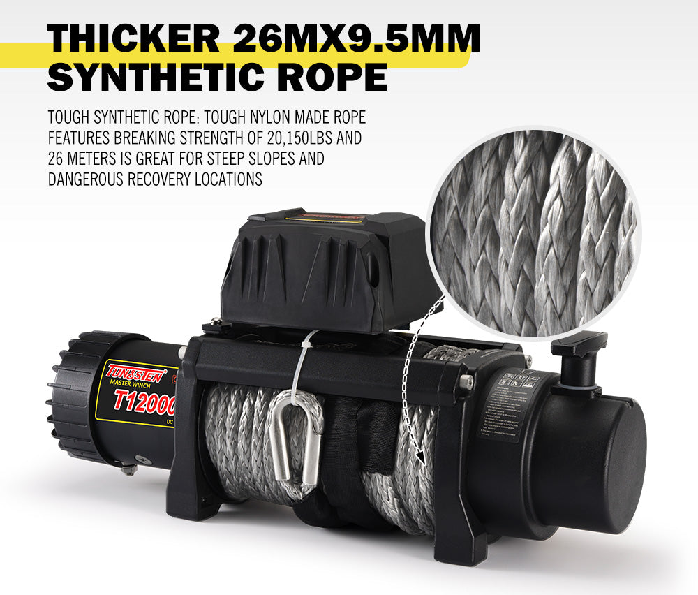 Tungsten 12V 12000lbs Electric Winch Synthetic Rope Wireless Remote Recovery - Sunyee