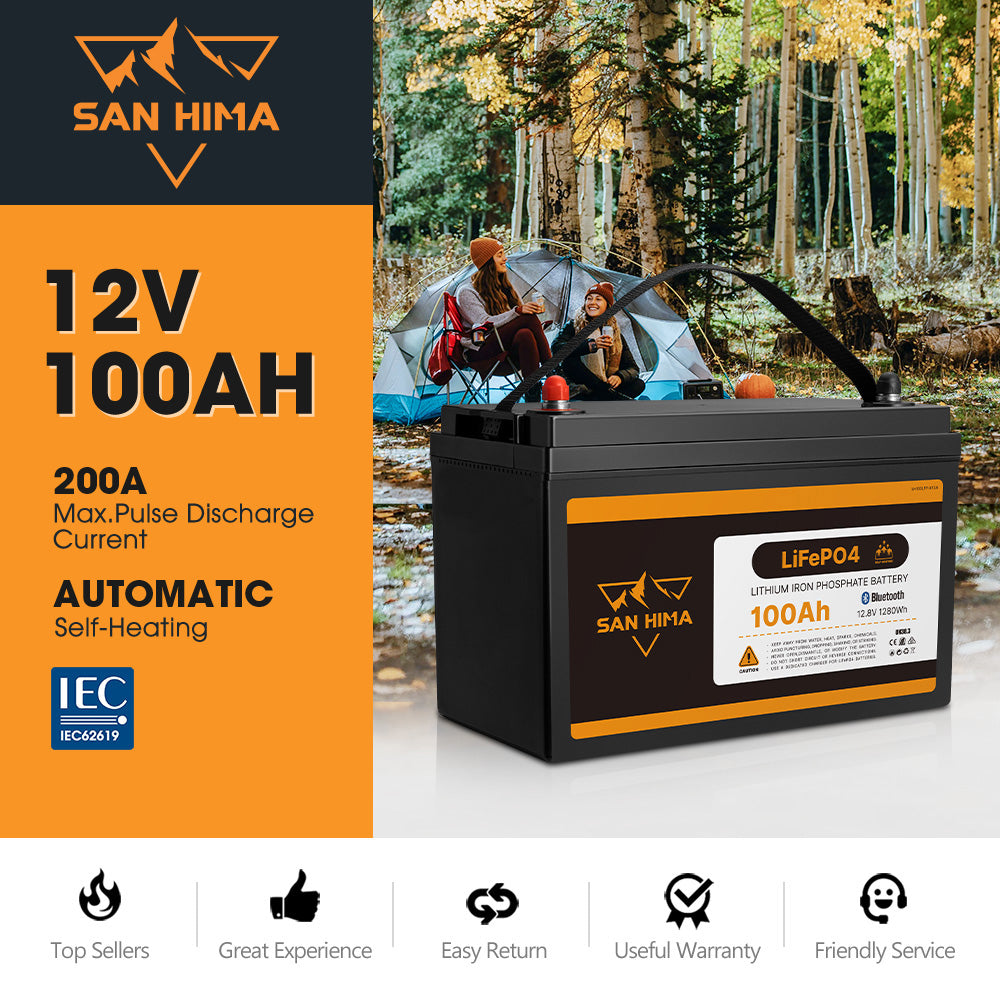 San Hima 12V 100Ah Lithium Iron Phosphate Battery LiFePO4 w/ Bluetooth & Self-heating Function - Sunyee