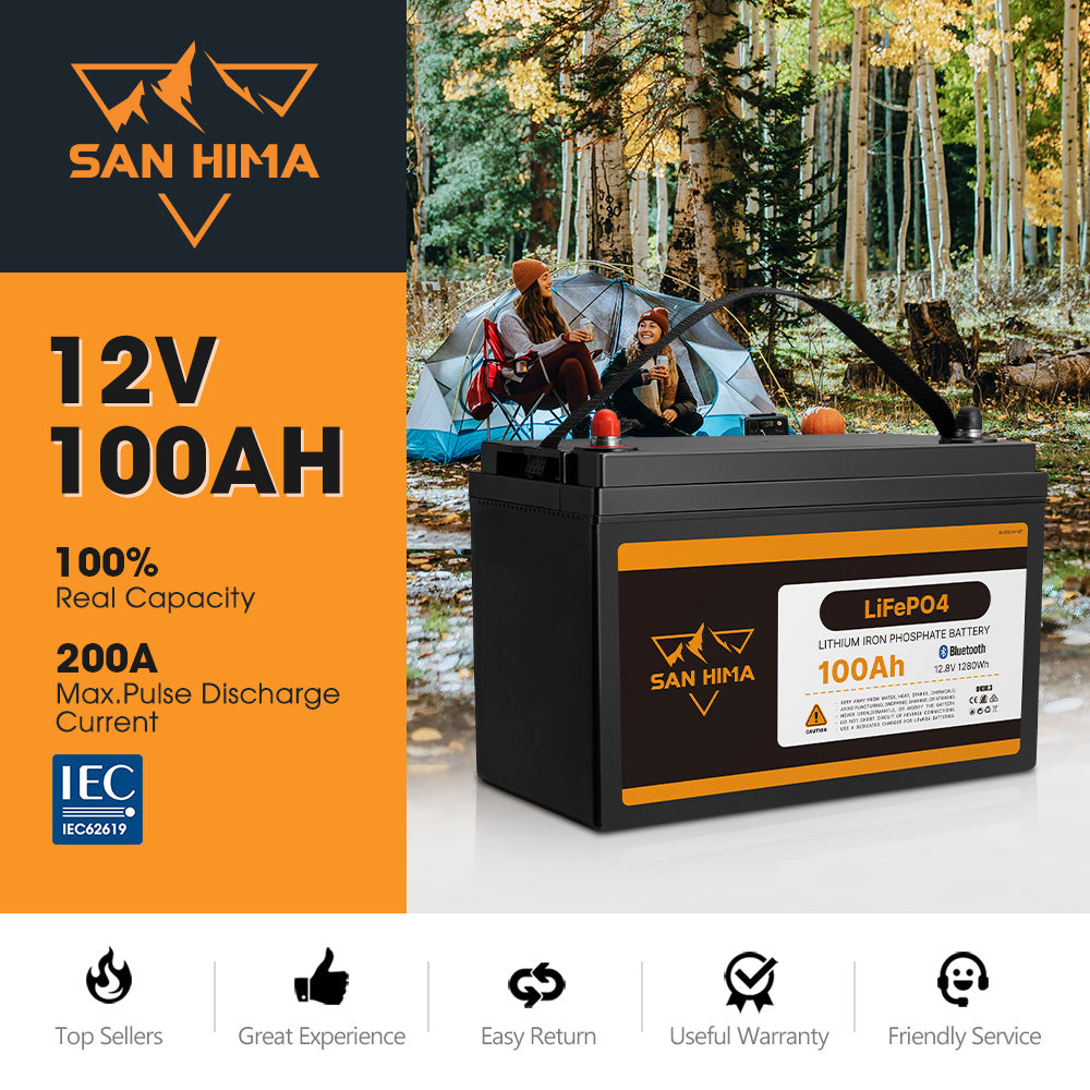 San Hima 12V 100Ah Lithium Iron Phosphate Battery LiFePO4 w/ Bluetooth Built-in BMS - Sunyee