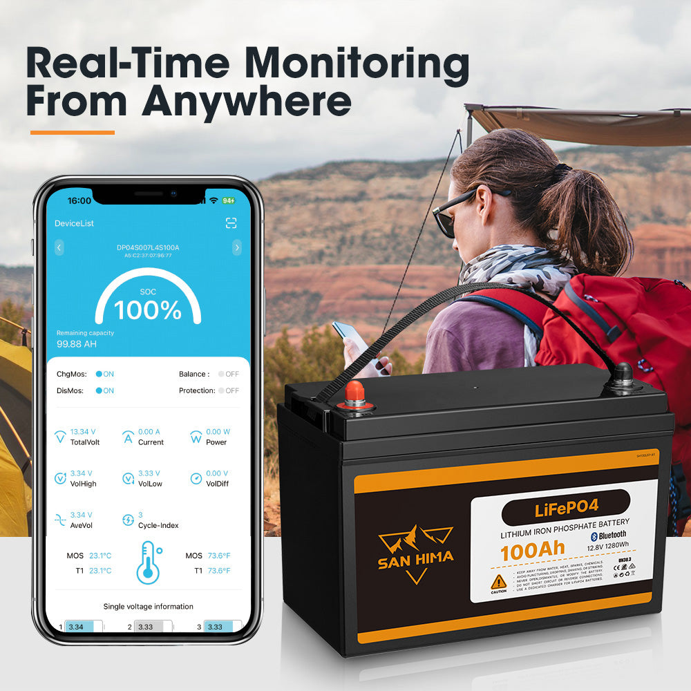 San Hima 12V 100Ah Lithium Iron Phosphate Battery LiFePO4 w/ Bluetooth Built-in BMS - Sunyee