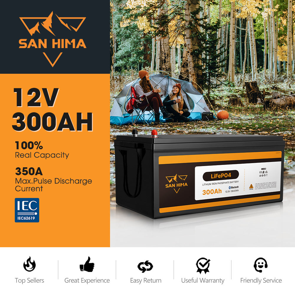 San Hima 12V 300Ah Lithium Iron Phosphate Battery LiFePO4 w/ Bluetooth Built-in BMS - Sunyee