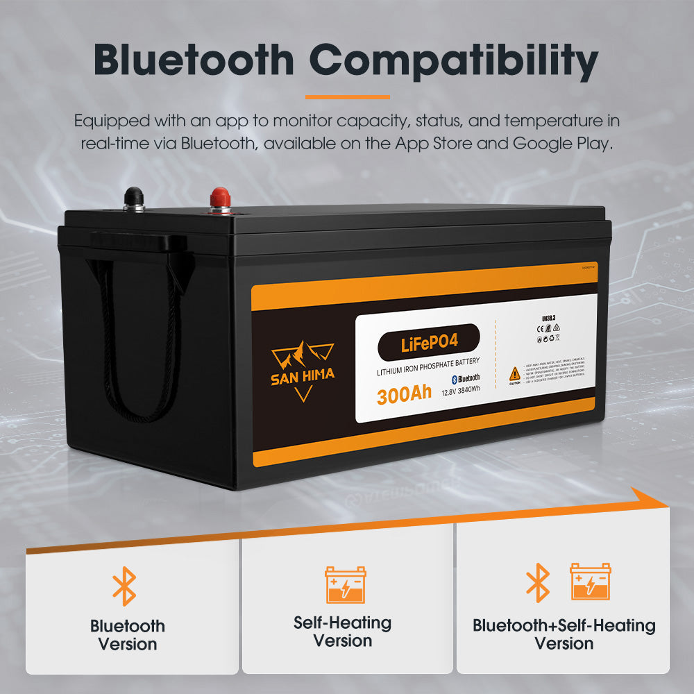 San Hima 12V 300Ah Lithium Iron Phosphate Battery LiFePO4 w/ Bluetooth Built-in BMS - Sunyee