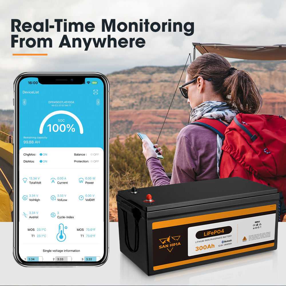 San Hima 12V 300Ah Lithium Iron Phosphate Battery LiFePO4 w/ Bluetooth Built-in BMS - Sunyee