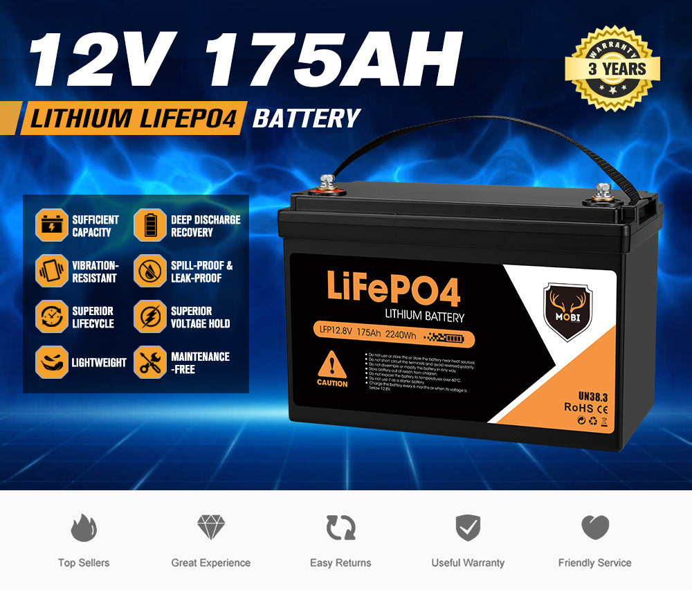 Mobi 175AH 12V Lithium Iron Battery LiFePO4 Deep Cycle Battery RV 4WD Solar - Sunyee
