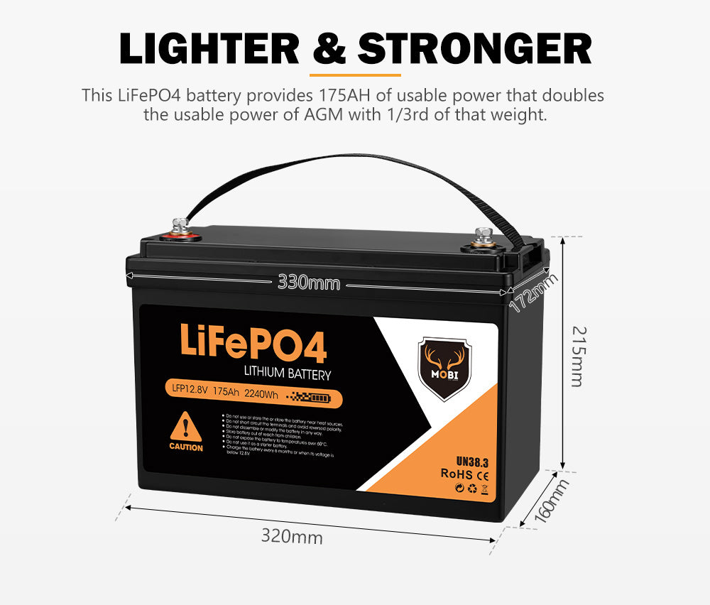 Mobi 175AH 12V Lithium Iron Battery LiFePO4 Deep Cycle Battery RV 4WD Solar - Sunyee
