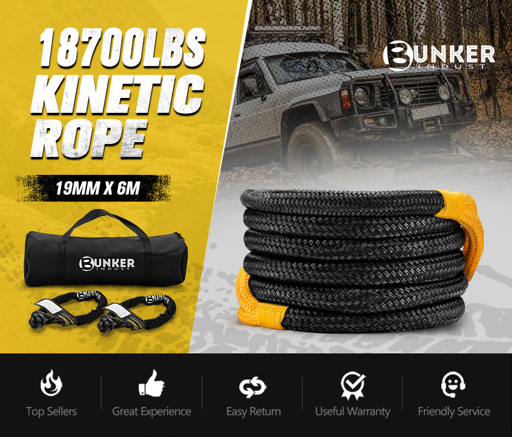 Bunker Indust Kinetic Recovery Rope 8,482kg 6m Snatch Strap Soft Shackle - Sunyee