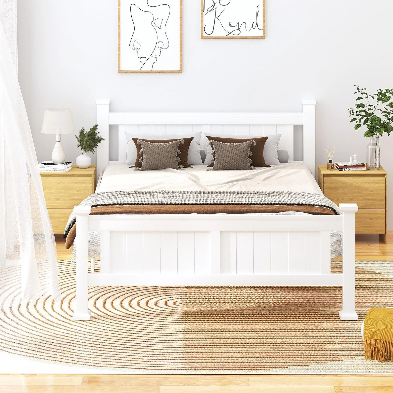 Oikiture Solid Pine Wood Bed Frame with 2 Storage Drawers Platform White King