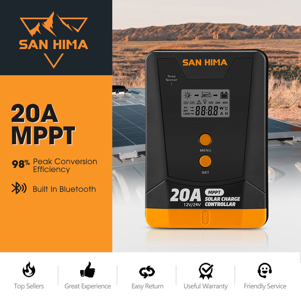 San Hima 20A MPPT Solar Charge Controller 12V 24V Inbulit Bluetooth LCD Display - Sunyee