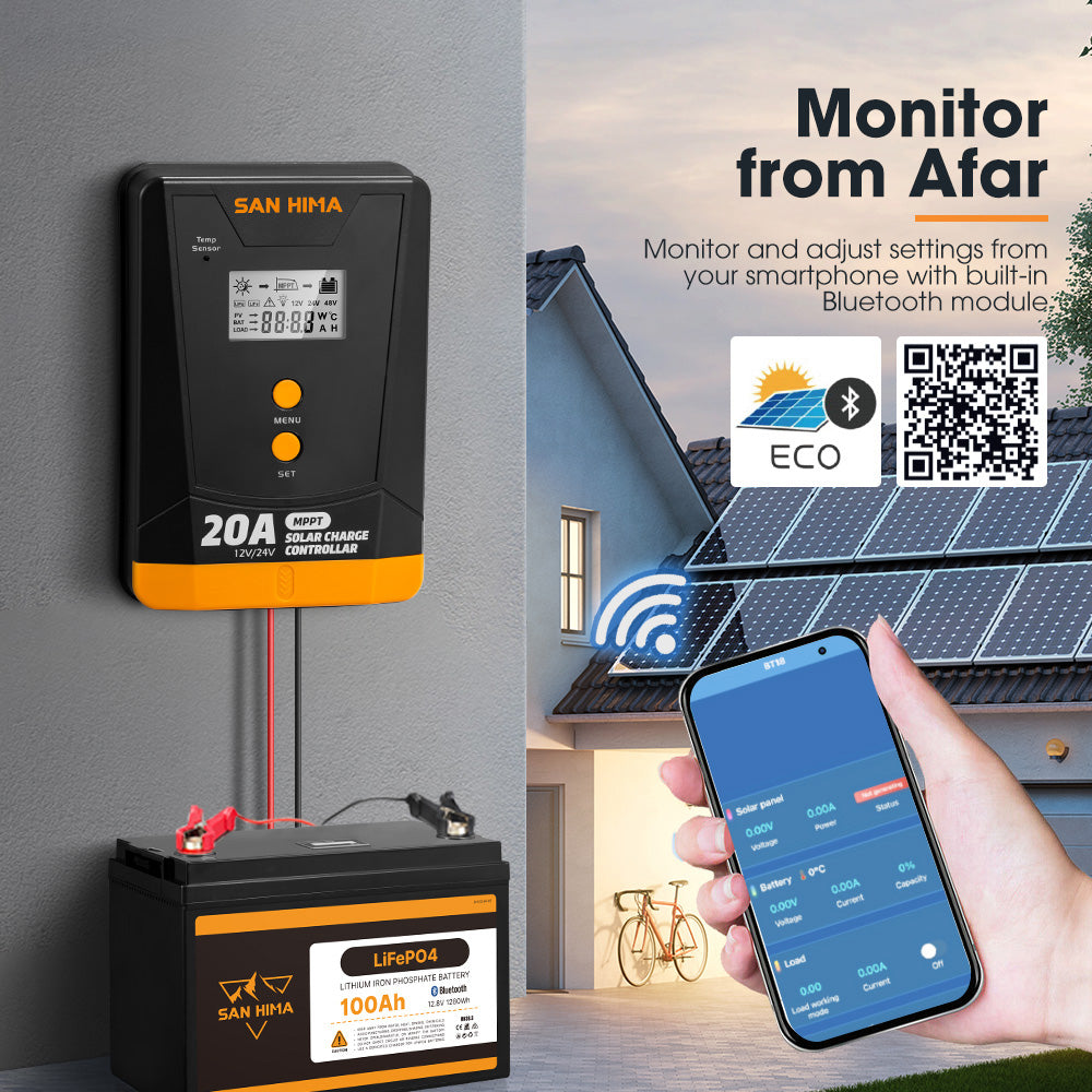 San Hima 20A MPPT Solar Charge Controller 12V 24V Inbulit Bluetooth LCD Display - Sunyee