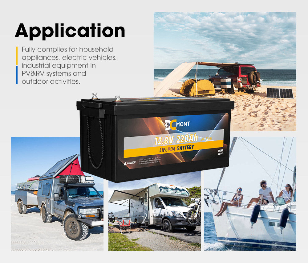 DC MONT 12V 220Ah Lithium Battery LiFePO4 Phosphate Deep Cycle Rechargeable - Sunyee