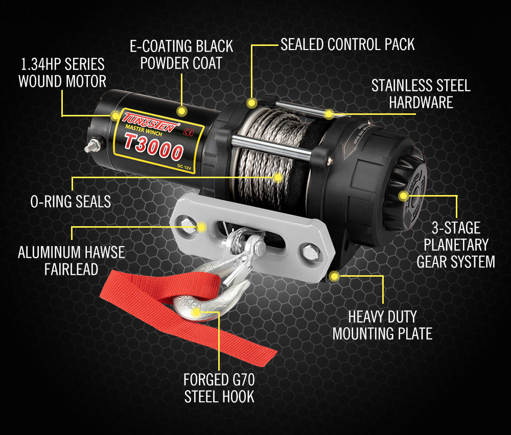 12V Electric Winch Wireless 3000LBS / 1361KG Synthetic Rope 12V ATV UTV 4WD Boat - Sunyee