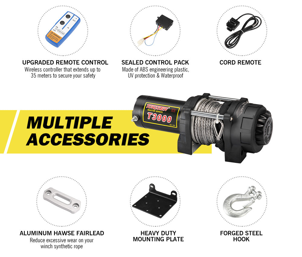 12V Electric Winch Wireless 3000LBS / 1361KG Synthetic Rope 12V ATV UTV 4WD Boat - Sunyee