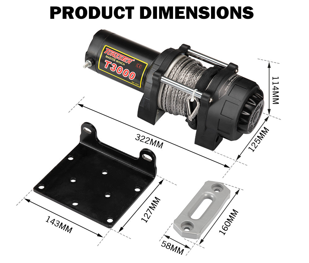 12V Electric Winch Wireless 3000LBS / 1361KG Synthetic Rope 12V ATV UTV 4WD Boat - Sunyee