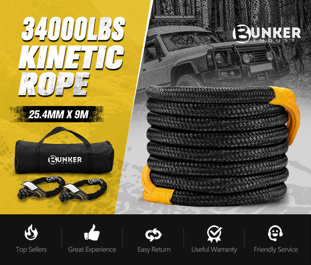 Bunker Indust Kinetic Recovery Rope 9M 15,422kg Snatch Strap Soft Shackle - Sunyee