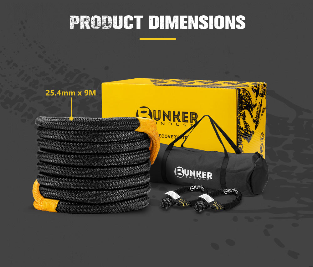 Bunker Indust Kinetic Recovery Rope 9M 15,422kg Snatch Strap Soft Shackle - Sunyee
