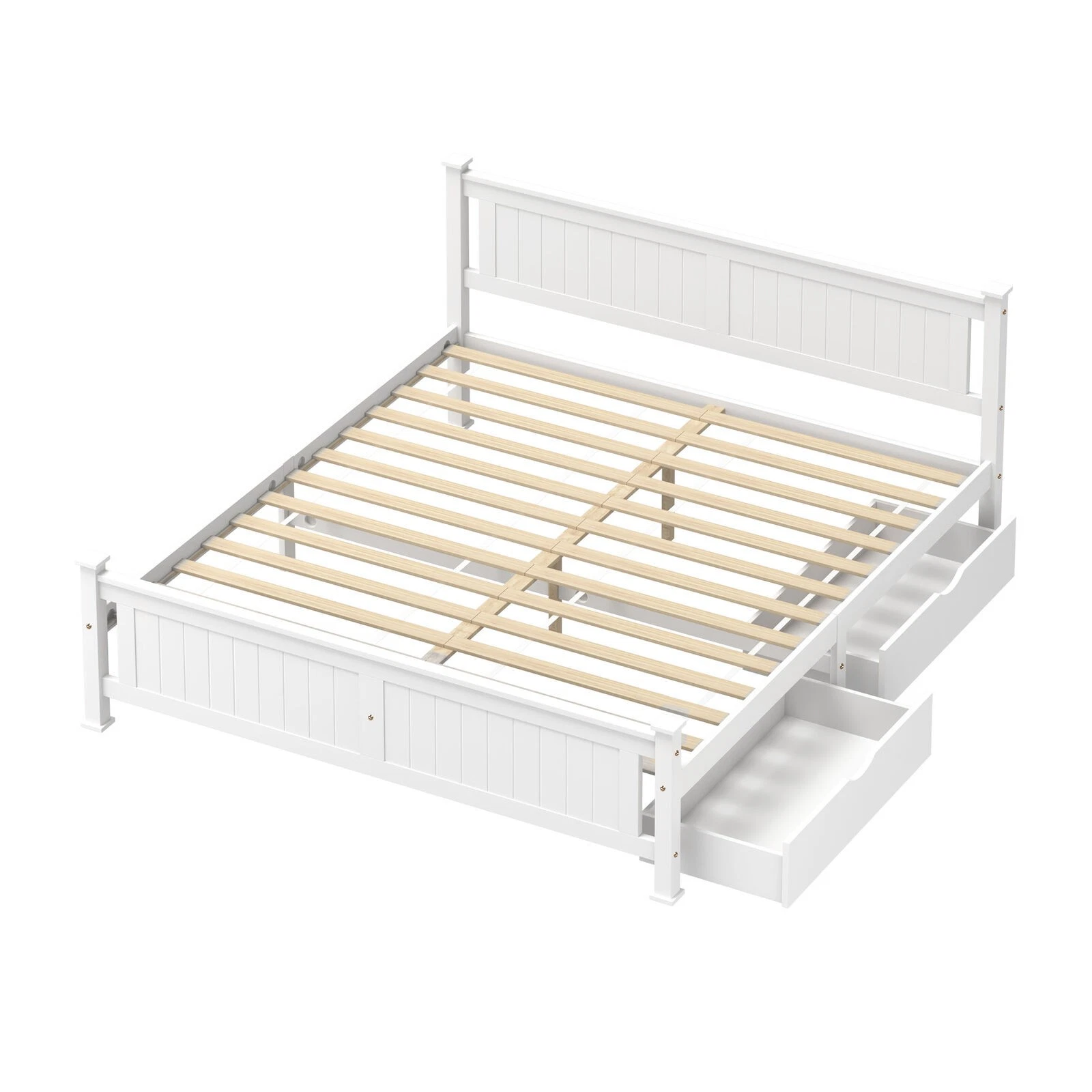 Oikiture Solid Pine Wood Bed Frame with 2 Storage Drawers Platform White King