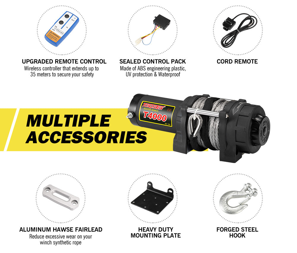 Electric Winch Wireless Synthetic Rope 12V 4000LBS 1812KG ATV 4WD BOAT - Sunyee