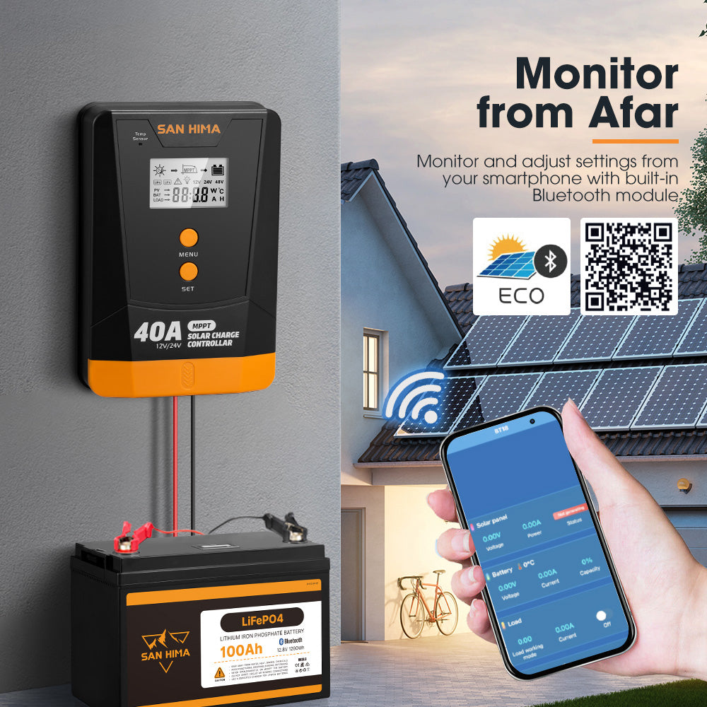San Hima 40A MPPT Solar Charge Controller 12V 24V Inbulit Bluetooth LCD Display - Sunyee