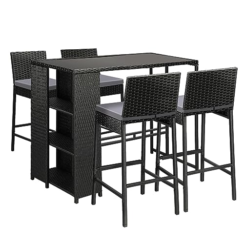 Livsip Outdoor Dining Set Patio Furniture Rattan Bar Table Chairs Bar Stools Set - Sunyee