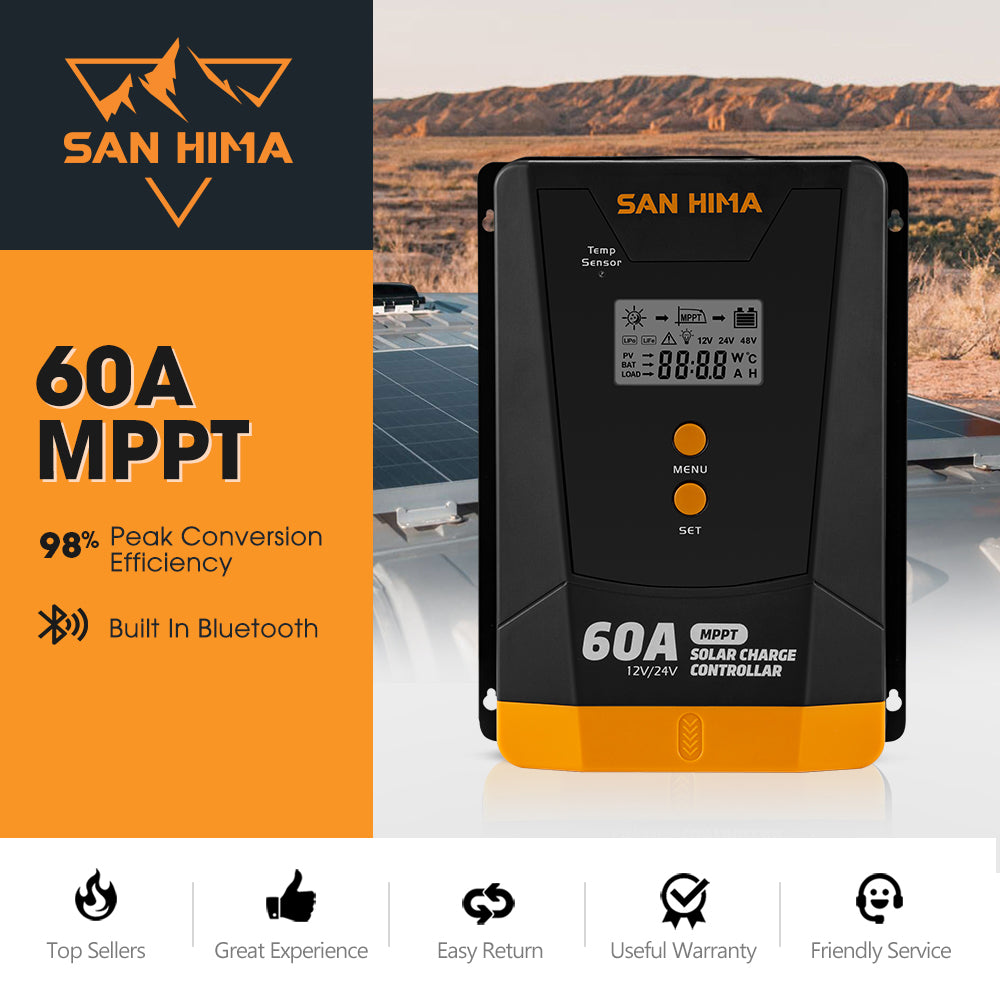 San Hima 60A MPPT Solar Charge Controller 12V 24V Inbulit Bluetooth LCD Display - Sunyee