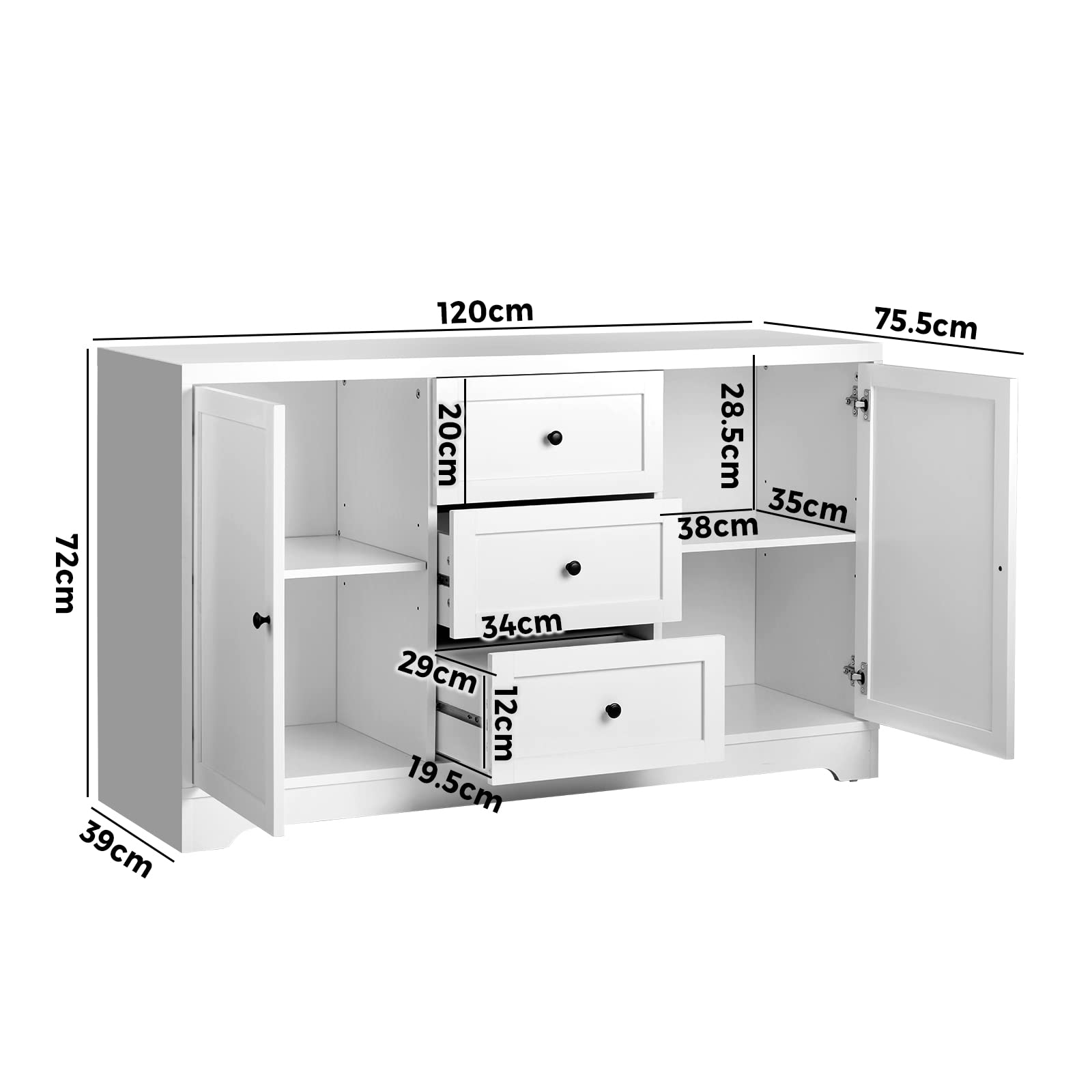Oikiture Buffet Sideboard Cabinet Storage Cupboard Hallway Hamptons Furniture - Sunyee