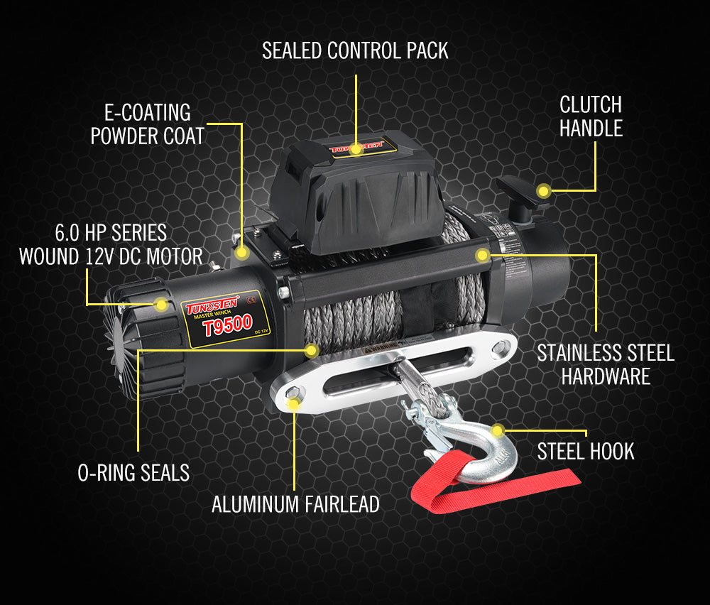 TUNGSTEN 9500LBS Electric Winch 12V Synthetic Wire Rope Remote 4WD ATV - Sunyee