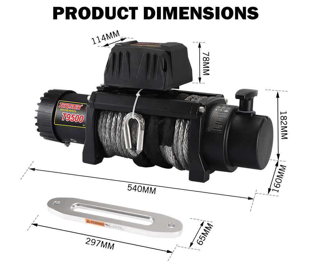 TUNGSTEN 9500LBS Electric Winch 12V Synthetic Wire Rope Remote 4WD ATV - Sunyee
