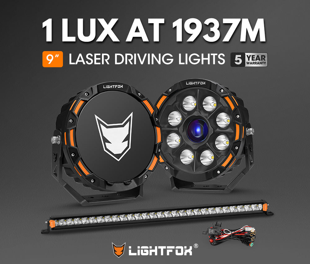 Lightfox 9 inch Osram Laser LED Driving Lights + 28 inch LED Light Bar + Wiring Kit - Sunyee