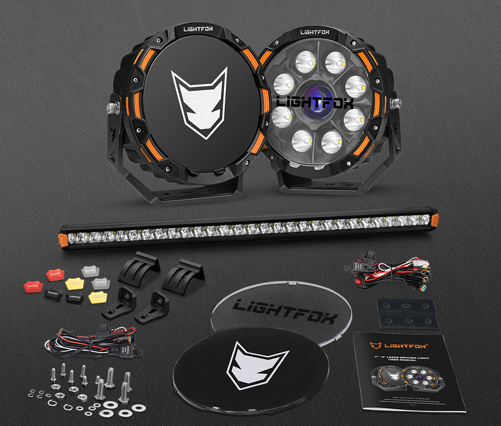 Lightfox 9 inch Osram Laser LED Driving Lights + 28 inch LED Light Bar + Wiring Kit - Sunyee