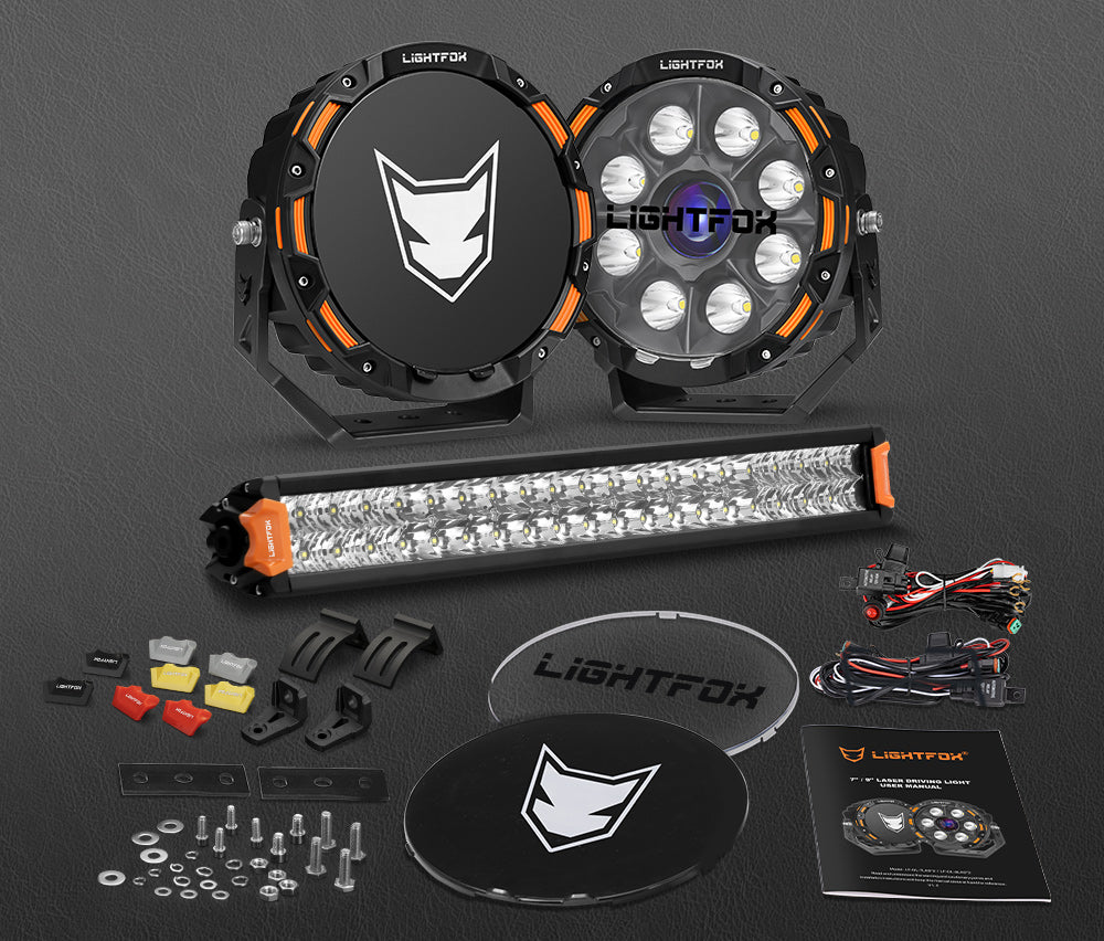Lightfox 9 inch Osram Laser LED Driving Lights + 20 inch Dual Row LED Light Bar + Wiring Kit - Sunyee