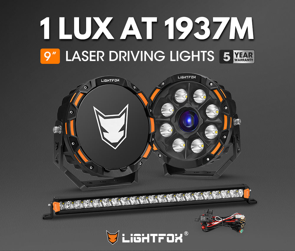 Lightfox 9 inch Osram Laser LED Driving Lights + 20 inch Single Row LED Light Bar + Wiring Kit - Sunyee