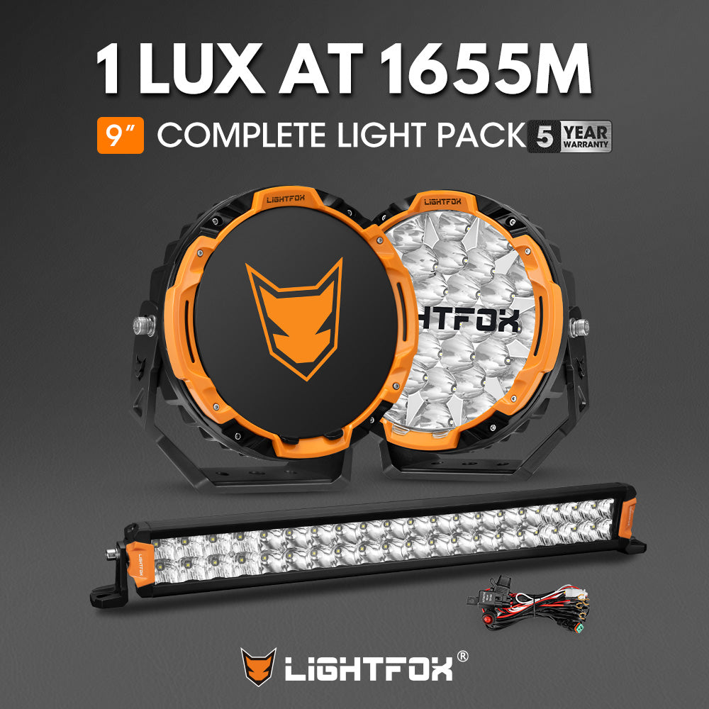 Lightfox 9 inch Osram LED Driving Lights + 20 inch Dual Row LED Light Bar + Wiring Kit - Sunyee