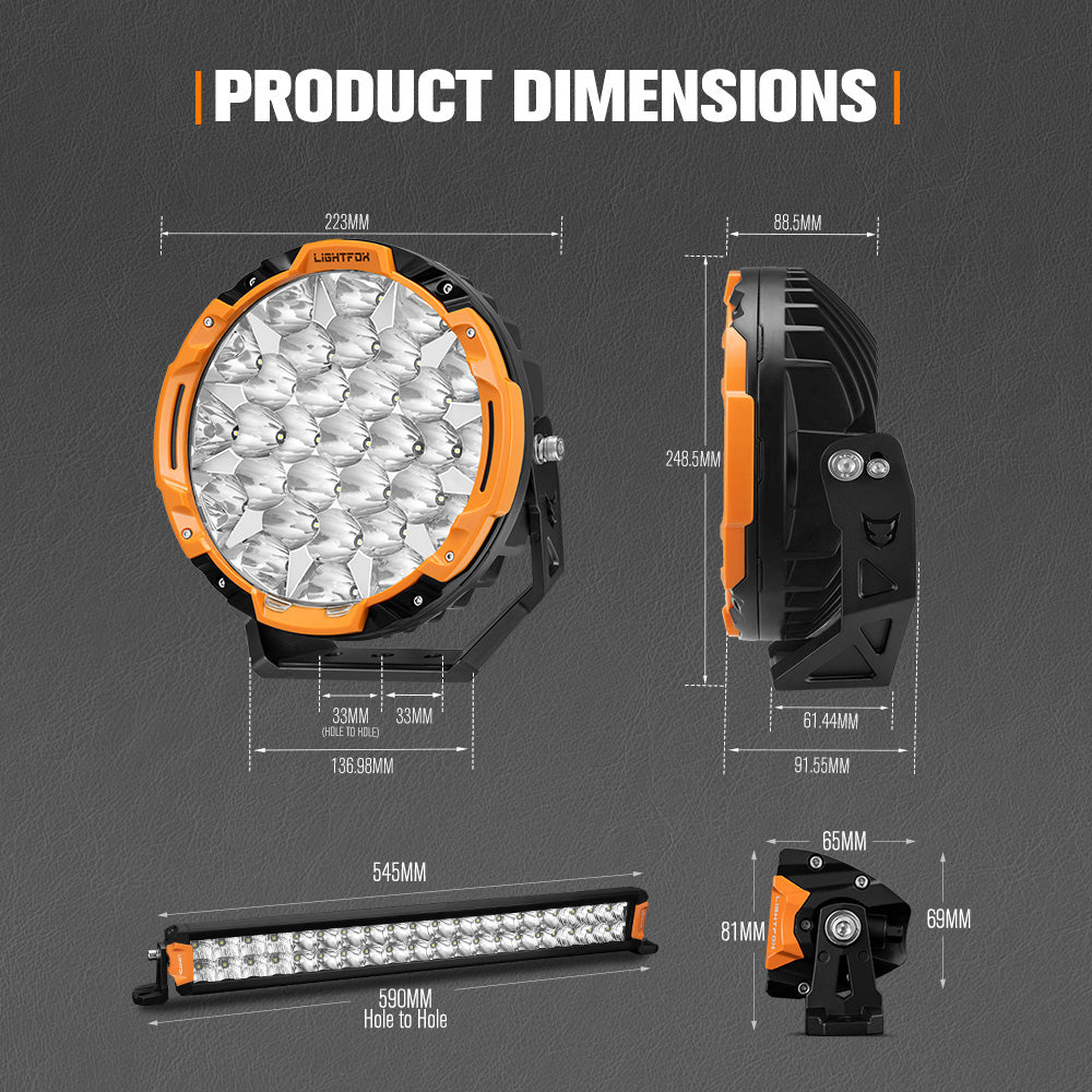 Lightfox 9 inch Osram LED Driving Lights + 20 inch Dual Row LED Light Bar + Wiring Kit - Sunyee