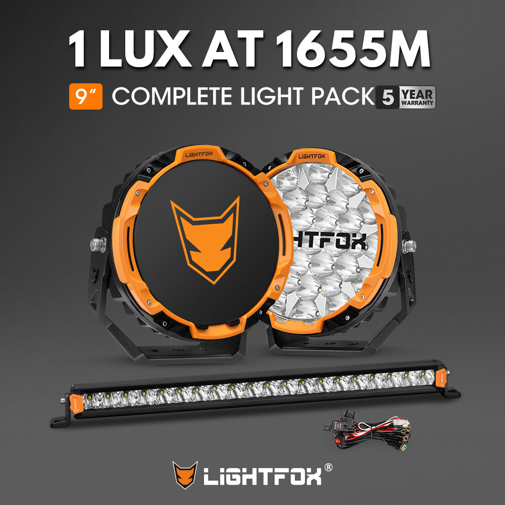 Lightfox 9 inch Osram LED Driving Lights + 20 inch Single Row LED Light Bar + Wiring Kit - Sunyee