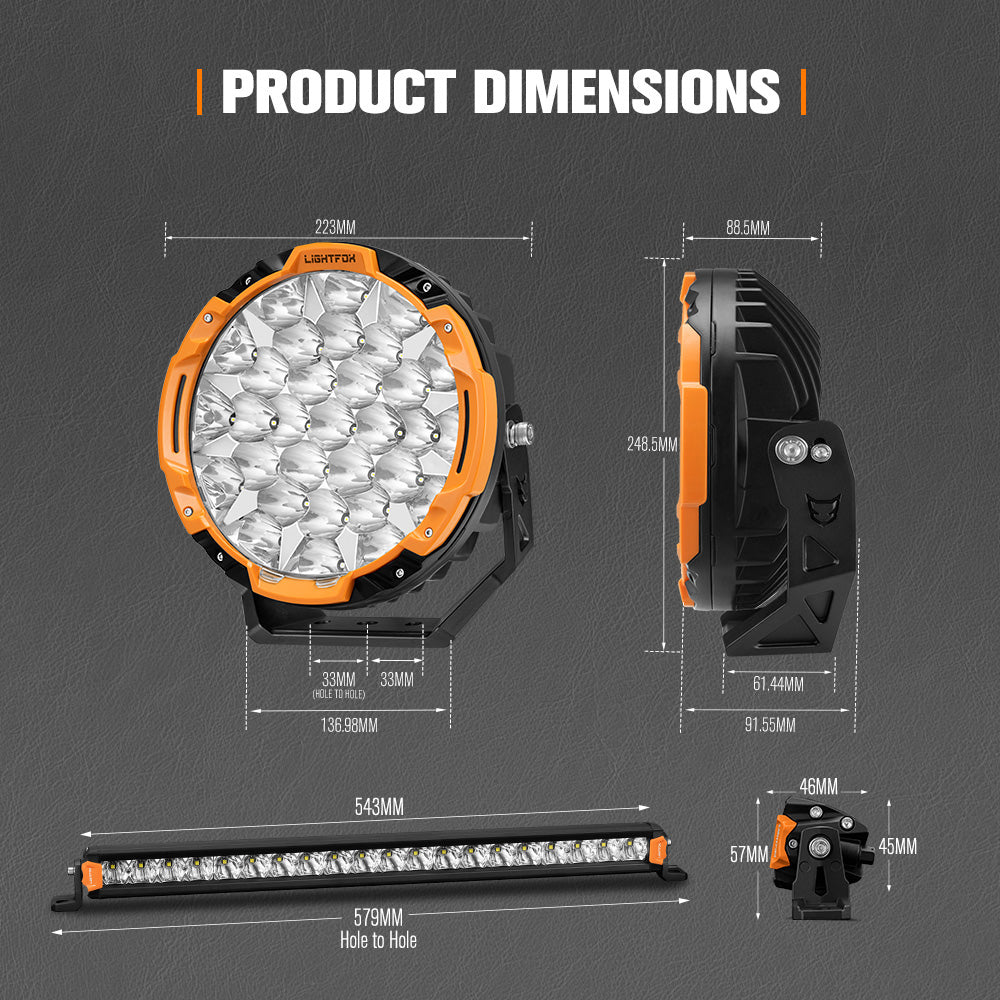 Lightfox 9 inch Osram LED Driving Lights + 20 inch Single Row LED Light Bar + Wiring Kit - Sunyee