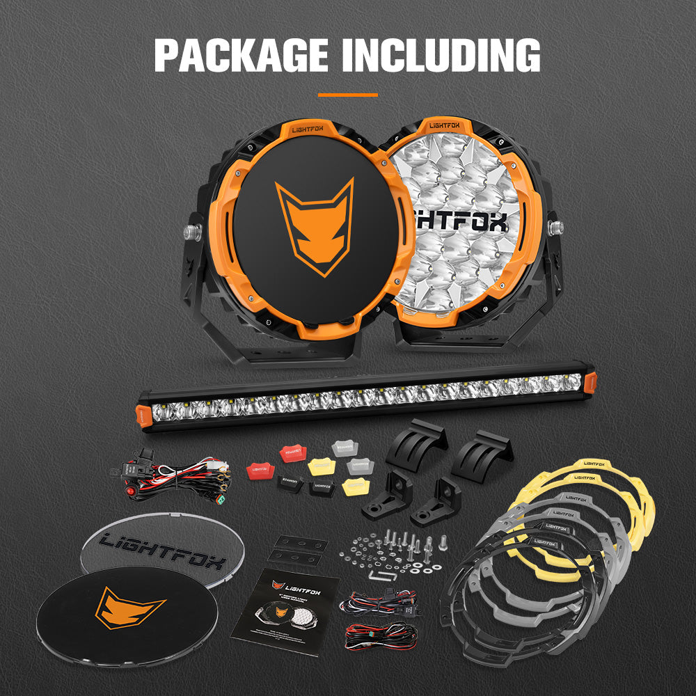 Lightfox 9 inch Osram LED Driving Lights + 20 inch Single Row LED Light Bar + Wiring Kit - Sunyee
