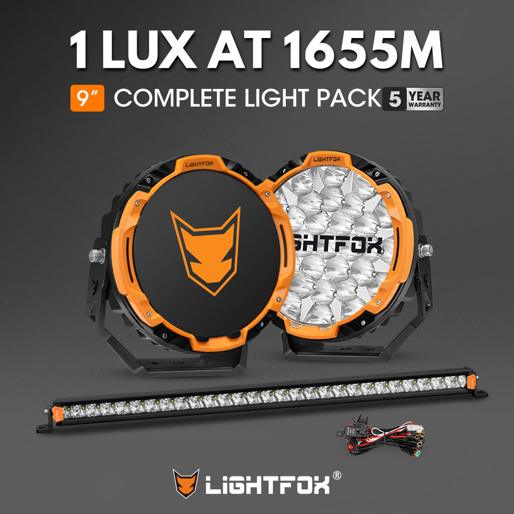 Lightfox 9 inch Osram LED Driving Lights + 28 inch Single Row LED Light Bar + Wiring Kit - Sunyee