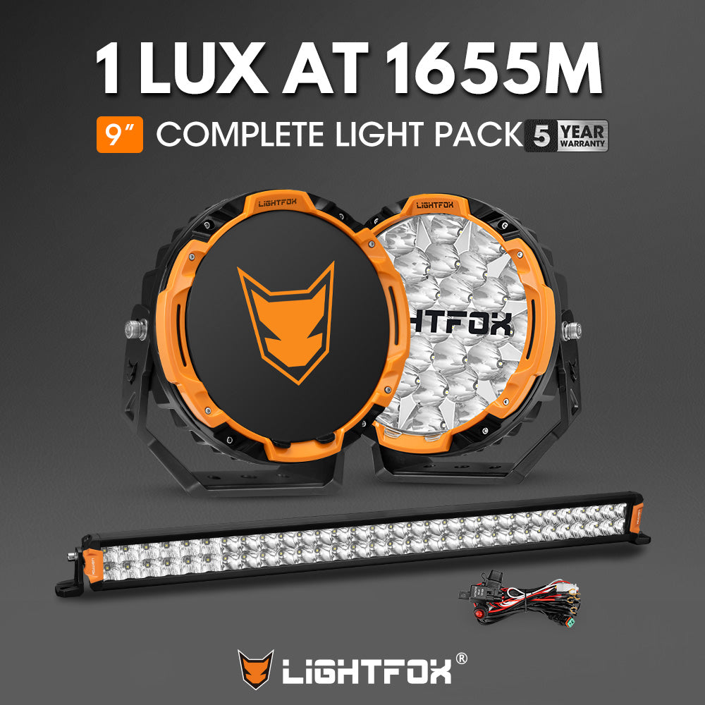 Lightfox 9 inch Osram LED Driving Lights + 30 inch Dual Row LED Light Bar + Wiring Kit - Sunyee
