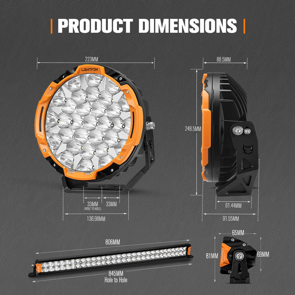 Lightfox 9 inch Osram LED Driving Lights + 30 inch Dual Row LED Light Bar + Wiring Kit - Sunyee