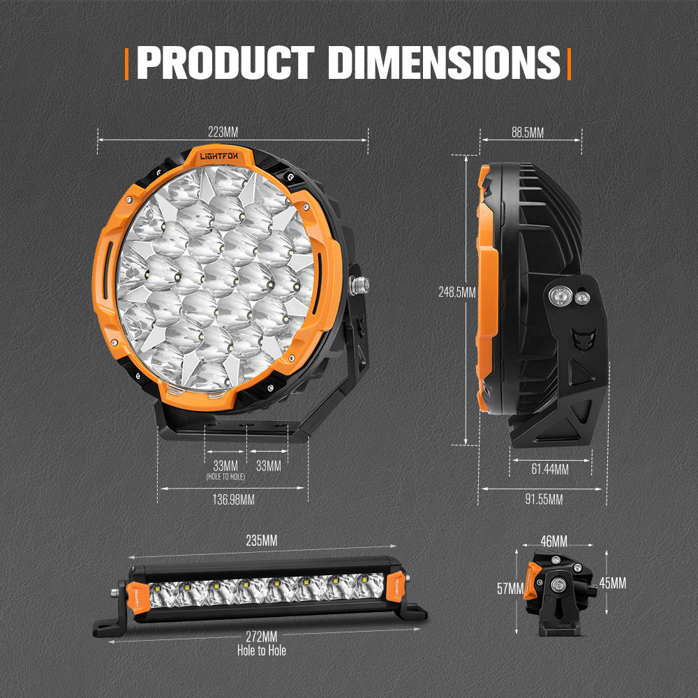 Lightfox Starrix 9 inch Osram LED Driving Lights + 8inch LED Light Pods + Wiring Kit - Sunyee