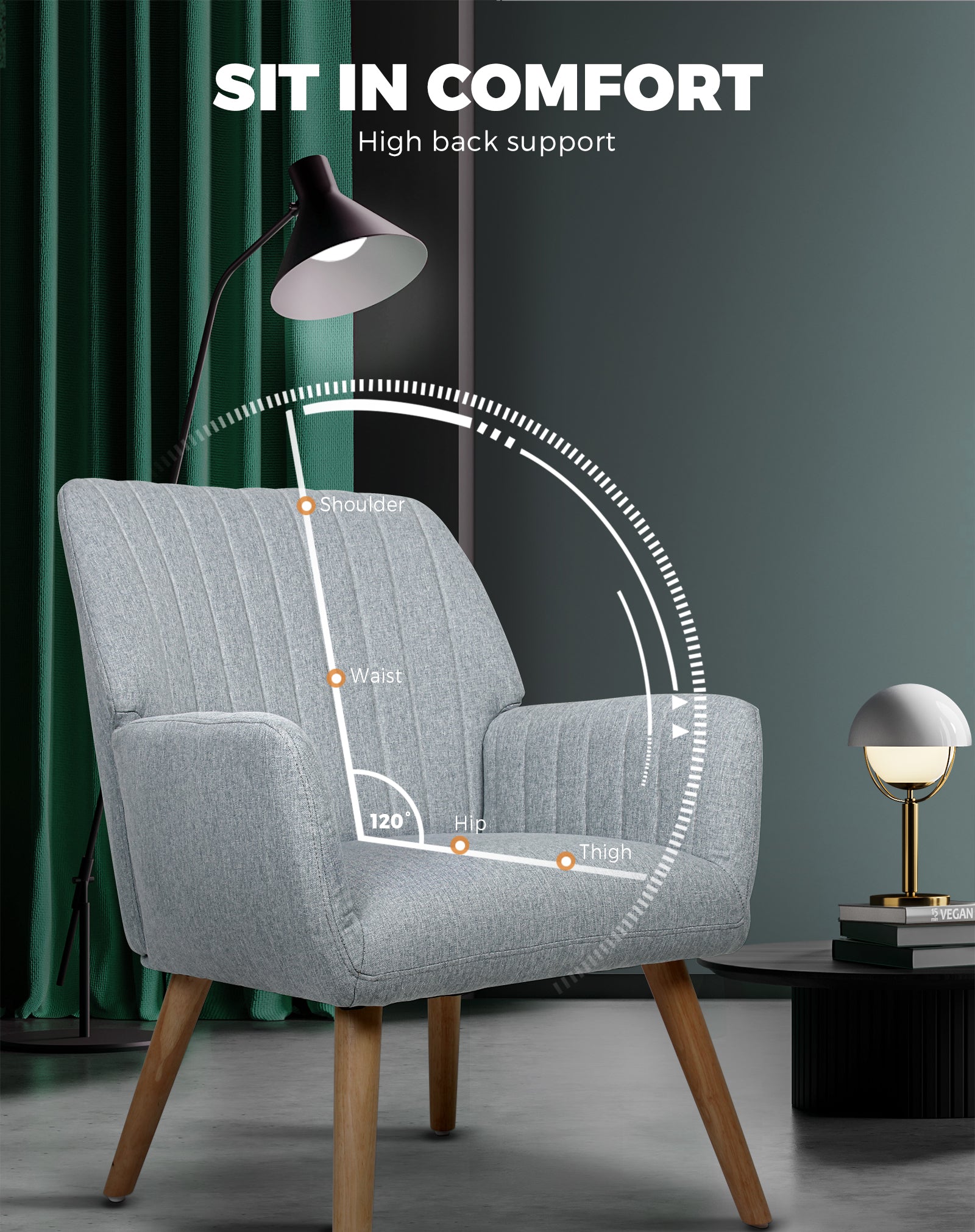 Oikiture Armchair Lounge Sofa Chair Fabric Accent Chairs Armchairs Couches Grey - Sunyee