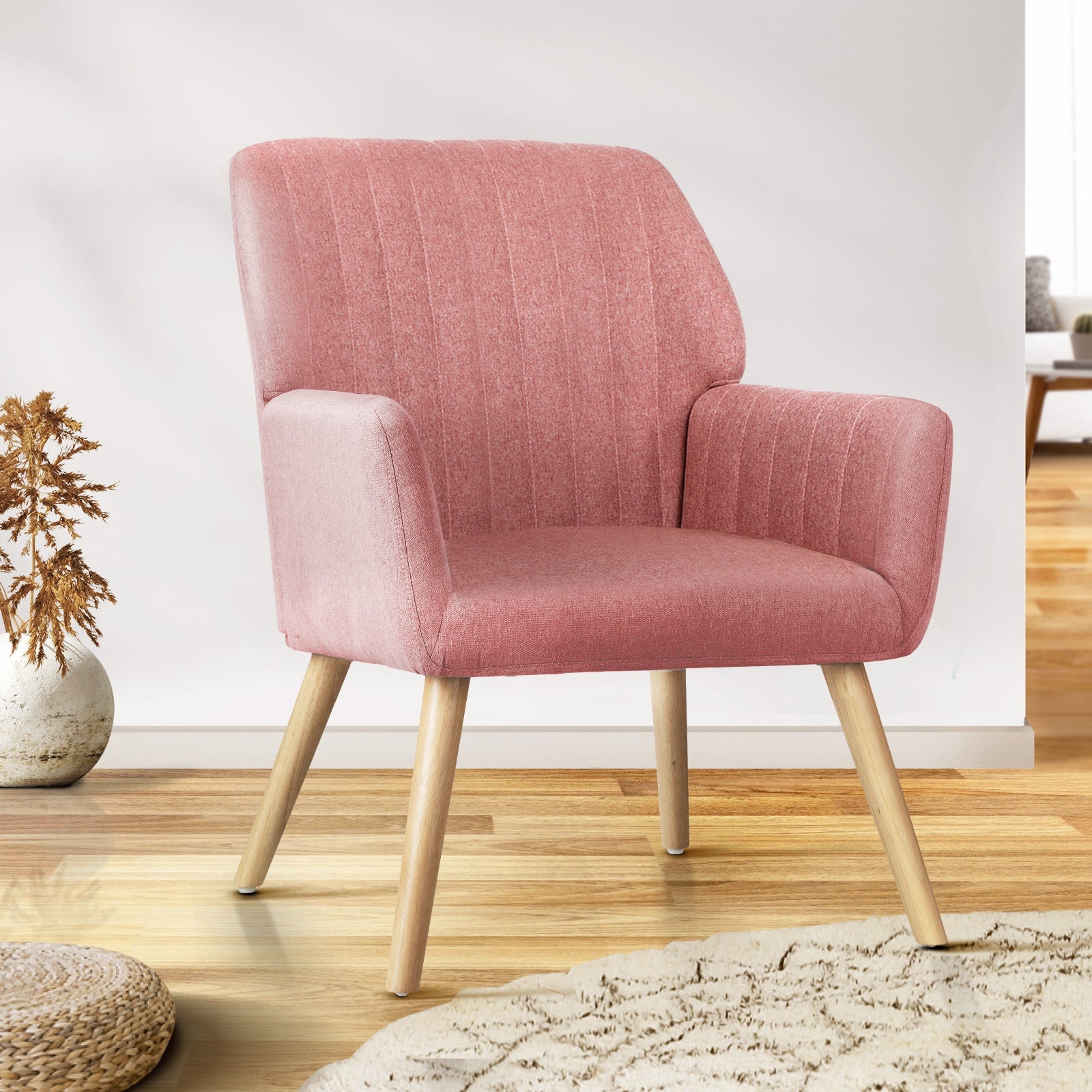 Oikiture Armchair Lounge Sofa Chair Fabric Accent Chairs Armchairs Couches Pink - Sunyee