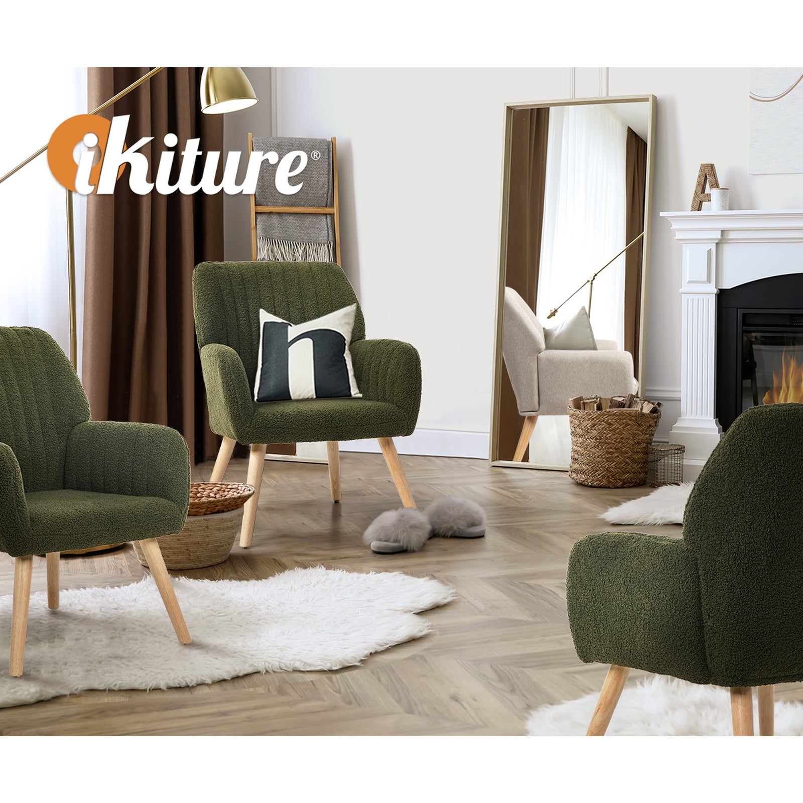Oikiture Armchair Lounge Sofa Chair Sherpa Accent Chairs Armchairs Couches Green - Sunyee